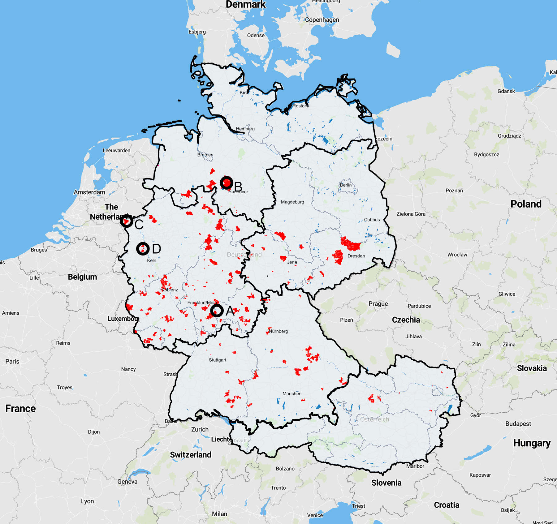 Nitratverteilung in Deutschland und Österreich: <50mg/l